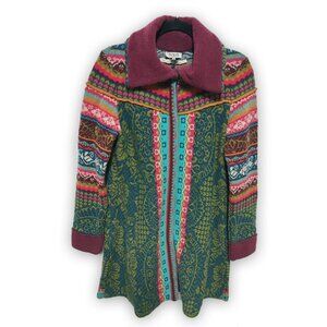 IVKO 100% WOOL LONG CARDIGAN HOODIE MULTICOLOR FLORAL SWEATER KNIT WOMENS 40/L